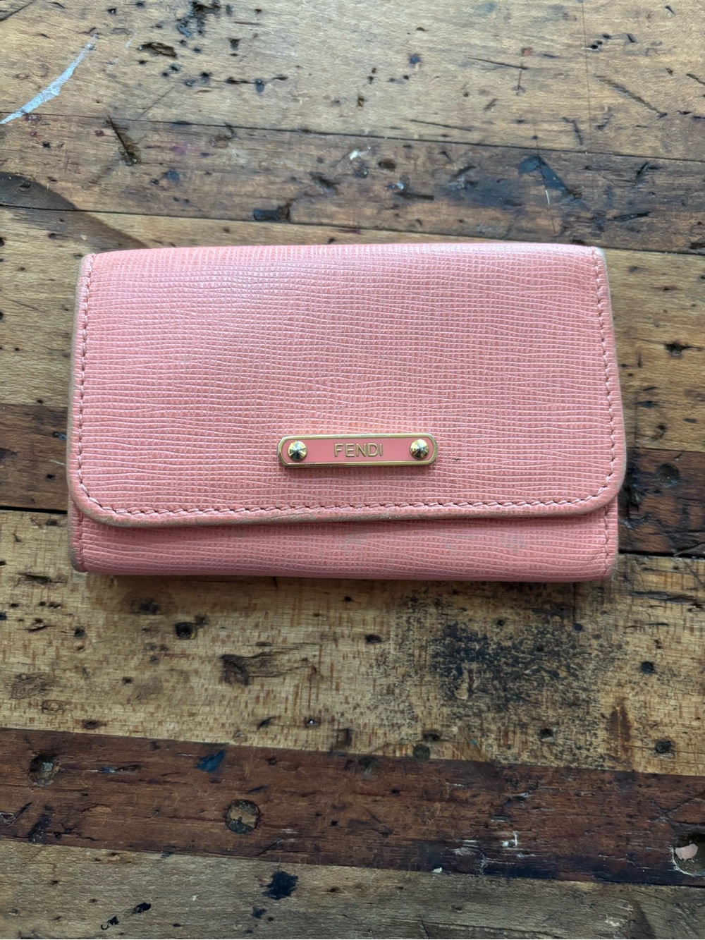 Fendi Mauve Pink Leather Key Card Wallet Case Snap Closure